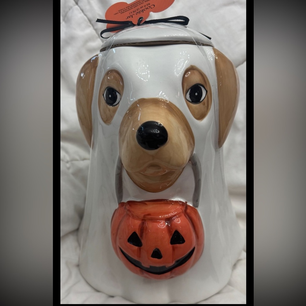 HALLOWEEN TRICK OR TREAT DOG/GHOST CANISTER/COOKIE JAR, DOG TREAT JAR NEW